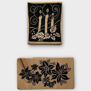 Magenta Set of 2 Christmas Holiday Wood & Rubber Stamps Candles and Poinsettias